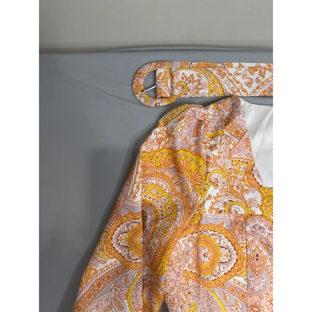 Mulla Linen Paisley Crop Top and Shorts Set L Orange White W/Belt Lined Party